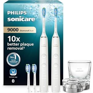 Philips Sonicare DiamondClean 9000 spazzolino elettrico, confezione doppia, spazzolino sonico con app, sensore di pressione, 4 modalità di pulizia, 3 livelli di intensità, bianco, modello HX9914/62