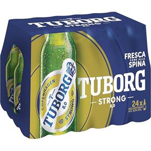 Tuborg, Cassa con 24 Bottiglie da 33cl, Birra Strong Lager, Gusto Deciso e Maltato, Gradazione Alcolica 8.0% Vol