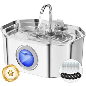 APAUK Fontanella per gatti,Apauk 3.2L fontanella per gatti acciaio Inox, Ultra silenziosa,con finestra LED, sistema di filtraggio multistrato (con 6 filtri & 6 spugne S)