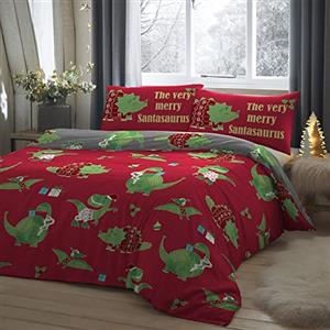 Bedlam Santasaurus - Set copripiumino natalizio con motivo Glow in the dark, per letto singolo, colore: rosso
