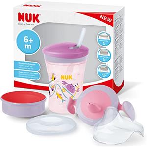 NUK Set 3 in 1 per imparare a bere con tazza Trainer (6+ mesi), tazza magica a 360° (8+ M) e borraccia per bambini (12+ m), 230 ml, senza BPA, granchio viola