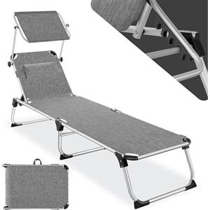 tectake® Sdraio da Spiaggia, Schienale Regolabile in 6 Posizioni, Parasole, Lettino Pieghevole e Trasportabile, Sdraio da giardino, Lettino Prendisole, Pratiche Maniglie (Grigio-Mélange)