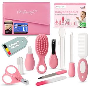 TPFFamily Set di Cura per Neonato in rosa - Set cura neonato 10 pezzi con forbicine, aspiratore nasale e spazzola - Kit igiene neonato con astuccio da viaggio, ideale per neonati da 0 a 6 mesi