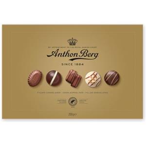 Anthon Berg - 18 Cioccolatini Ripieni Gourmet con Cacao Certificato Rainforest Alliance, Scatola Regalo da 200g, Qualità Danese dal 1884