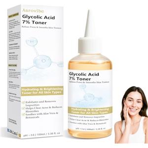 AAROVIBE Acido Glicolico 7% Tonico Viso, Esfoliante Viso Levigante e Illuminante, Aiuta a Ridurre Acne, Imperfezioni e Pori - Tonico Viso Idratante adatto a Tutti i Tipi di Pelle (100ml)