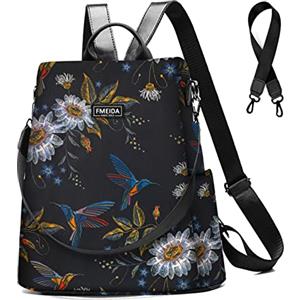Fmeida Zaino Donna Antifurto Borsa Impermeabile in Nylon, Pratico Zainetto da Viaggio Lavoro Scuola con Design a Uccello, Nero