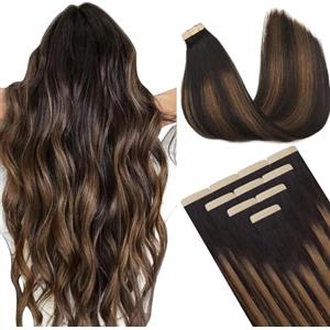 DOORES Remi Extension Capelli, Balayage Castano Scuro Misto Castano 35cm 25g 10pz, Skin Weft Veri Biadesivo Filo Remy Human Hair Tape in