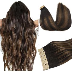 DOORES Remi Extension Capelli, Balayage Castano Scuro Misto Castano 35cm 14 pollice 50g 20pcs, Skin Weft Veri Biadesivo Filo Remy Human Hair