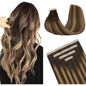 DOORES Extension Capelli Veri Biadesivo, Balayage Marrone Cioccolato a Biondo Caramello 35cm 25g 10pz, Capelli Lisci Remi Tape in Hair Extensions