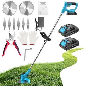 KUZUPRO Decespugliatore a Batteria 21V, KUZUPRO Tagliabordi a Batteria con 2 Batterie 2,0Ah, 2 Tipi di Lame in Metallo Tagliaerba Elettrico, Forbici Potatura, Angolazione Regolabili per Giardino Potatura