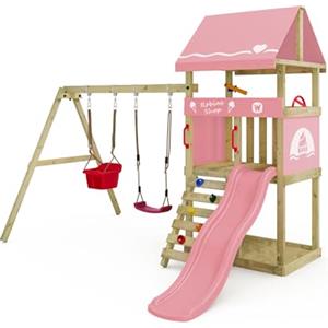 Wickey Parco giochi DinkyHouse con estensione dell'altalena - con scivolo & telone rosa pastello - Torre di arrampicata per bambini per il giardino in legno massiccio - 303x317x247 cm