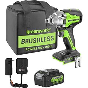 Greenworks GD24IW400K4 Bullonatrice a Impulsi a Batteria, Brushless, 0-2800 giri/min, 0-4000ipm, 400Nm di Coppia, Attacco Quadrato 1/2" (1,27cm), CON Batteria 24V 4Ah e Caricabatterie, Garanzia 3 Anni