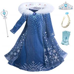Eleasica Bambine e Ragazze Vestito Principessa Elsa Abiti Regalo Natale Compleanno Festa Carnevale Costumi per Bambini Manica Lunga Accessori Treccia Guanti Corona Bacchetta Magica,Blu 4,110