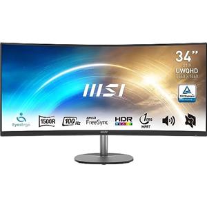 MSI PRO MP341CQ Monitor Curvo 34" UWQHD (3440 x 1440), Pannello 21:9, 100 Hz, 1 ms (MPRT), Anti-Flicker, Less Blue Light, Speaker integrati, 2x HDMI 2.0b, 1x DP, VESA 100x100, Nero