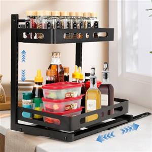 VINATO Organizer Sottolavello Cucina, 2 Livelli Organizzatore Estraibile, Lavandino Regolabile in Altezza Scaffale Carrello, Porta Detersivi Salvaspazio sotto Lavello Per Bagno/Dispensa, Nero