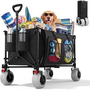 JUMMICO Carrello Pieghevole Tutto-Terreno 200L con Freno di Stazionamento Portata 150kg, Ruote in PU Rimovibili e Manico Regolabile, Borsa Laterale 25L Robusto, per Spiaggia, Parco, Spesa, Campeggio