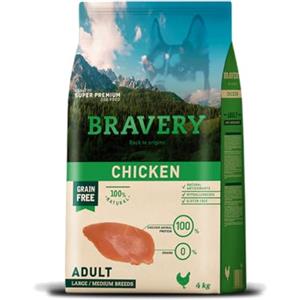 BRAVERY Crocchette Grain Free per Cani Adulto con Pollo - 4 kg, Taglia Media e Grande