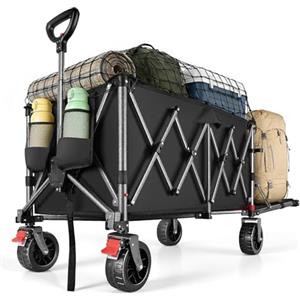 YEAUPE PRO Carrello Pieghevole con Ruote - Carrello Spiaggia con Ruote Grandi e Doppi Freni, Pannello Posteriore Apribile, per Campeggio, Pesca, Oggetti Lunghi, 150-240L Nero