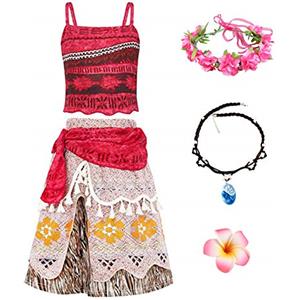 New front Vestito da Principessa Moana Abito per bambine Vaiana Travestimento Ragazza Natale Carnevale Compleanno Costumi Collana Ghirlanda clip a fiore Regali Halloween,Giallo,150