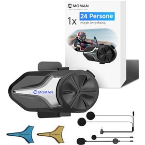 Moman CPX Mesh Interfono Moto - 24 Persone Due Modalità, Auricolare Casco Moto 2000M Sistema di Comunicazione, Audio Multitasking BT 5.4 Quad Riduzione del Rumore AI Hi-Fi Stereo/Impermeabile,Singolo