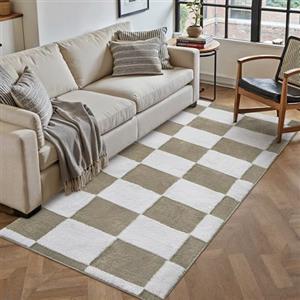 PureCozy Tappeto Corridoio 60x240cm Marrone Bianco Antiscivolo Lavabile Camera da Letto Office Lungo Carpet Cameretta Tappeti Pelo Corto Rug Moderno Checkerboard Carpets