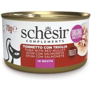 Schesir Cibo Umido per Gatti Adulto - Tonnetto con Triglia in Brodo di Cottura - Lattina da 70g