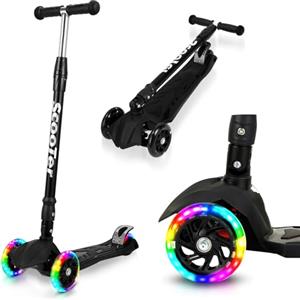 Vkechh Monopattino per bambini, ruote a LED e 4 altezze regolabili, per scooter, bambini, pieghevole, con antiscivolo e stabilità, colore nero