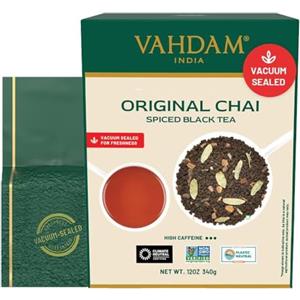VAHDAM Tè Masala Chai Sfuso | 340g (170+ Tazze) | Tè Nero Indiano con Spezie | Con Cardamomo, Cannella, Chiodi di Garofano, e Pepe Nero | Confezionato in India