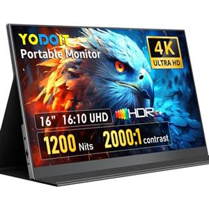 Yodoit Monitor portatile 16" 4K 3840 x 2400 UHD 1200 Nits schermo con Smart Cover, display IPS con tipo C, Mini-HDMI, altoparlanti integrati, compatibile con PC, laptop, MacBook, PS3/4/5