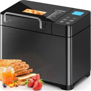 KEEPEEZ Macchina per il pane da 710 W, con doppio riscaldamento, padelle in ceramica, scomparto per ingredienti, touchscreen, in acciaio inox, 1 kg, 17 programmi, senza glutine, pasta acida, 3 dimensioni del