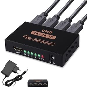 Kmuqshy Splitter HDMI 1 in 4 Out 4K, Duplicatore HDMI per 4 Monitori, Sdoppiatore Multi HDMI per PC, Laptop, PS4/PS5, Xbox, Proiettore, HDTV, Modalità Specchio, Senza Estensione, Supporta 3D, HDR, Audio DTS