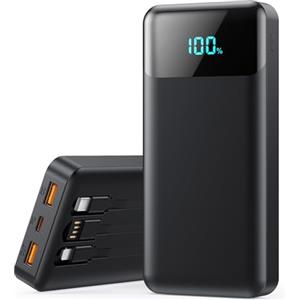 QODJN Power Bank 26800mAh, Powerbank con Cavi Integrati 25W PD Ricarica Rapida Caricatore USB C Portatile con 5 Uscite & 2 Ingressi Batteria Esterna con LCD Display per iPhone 16/15, Samsung ect (Nero)