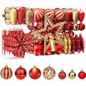 SHareconn Set di 106 palline di Natale, in plastica infrangibile, decorazione per albero di Natale, feste, matrimoni, con ganci inclusi, rosso e oro