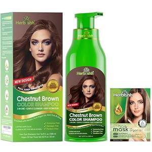 Herbishh Shampoo colorante per capelli, 3 in 1, colore castano scuro per capelli grigi, senza ammoniaca, 500 ml, colora i capelli in pochi minuti (castano)