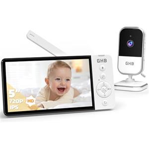 GHB Baby Monitor Video e Audio 5" 720P HD 5000mAh IPS Schermo, Telecamera Bambini con Monitor Visione Notturna Rilevamento della Temperatura Ninne Nanne Integrate