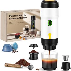 ICARE Caffettiera Portatile, Macchina Caffè Espresso 3-in-1, 20BAR Pressione, 92°C Estrazione, Batteria 7500mAh, Ricarica USB/Auto, Macchina Caffe Portatile per Capsule e Caffè Macinato (Bianco)