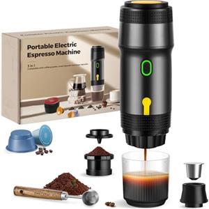 ICARE Macchina Caffe Portatile, Caffettiera Portatile 3-in-1, 20BAR, 92°C Estrazione, 7500mAh, Ricarica USB/12V Auto, Macchina Caffè Espresso per Capsule e Caffè Macinato (Nero)