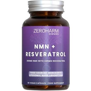 ZEROHARM NMN con resveratrolo - Assorbimento liposomiale - Alimentato da ingredienti alimentari veri - Confezione da 60 (confezione da 1)