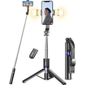 Pnitri Bastone Selfie con 2 Luci di Riempimento, Extra Lungo 114 CM Asta Selfie Treppiede con Telecomando Senza Fili, Selfie Stick compatibile con Smartphones