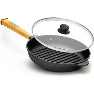 4BIG.fun Bistecchiera in ghisa, diametro 24 cm, con coperchio in vetro, padella a induzione, manico in legno, adatta per barbecue a gas, forno, focolare, tutti i piani cottura, compresi quelli a