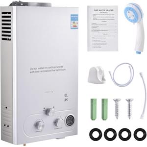 Teodute GPL 6L Scaldabagno a Gas Propano, Scaldabagno Istantaneo Senza Serbatoio da 12KW con Kit Doccia, Bruciatore per Caldaia per Campeggio, Camper, Casa(Argento)