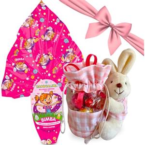 NARAMAKI Idee Regalo Pasqua 2025 Primavera - Uovo di Pasqua Bimba al Latte 150g (Senza Glutine) + Sacca Porta Cioccolatini Coniglietto Rosa +100gr Ovetti Pasquali