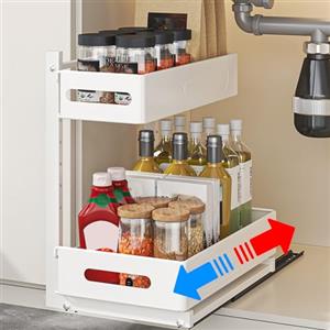 HABITELLO Sottolavello Cucina Salvaspazio a 2 Livelli in Metallo, Organizer Carrello Sottolavello per Bagno, Portaoggetti Multiuso Silenzioso con Rullini in Acciaio (Bianco)