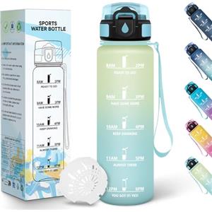 Baramumu Borraccia, 1000ML Senza BPA, Borraccia Plastica, Design della serratura a prova di perdite, Borracce Motivazionale, Con marca temporale, Bottiglia Acqua per Stadio, Ufficio - Gelido&cielo