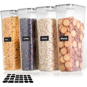 Cozary 2.8L Contenitori Ermetici per Alimenti 4 Pezzi, Contenitori per Alimenti Plastica Con Etichetta, Senza BPA,Barattoli Ermetici Alimentari per Pasta, Cereali, Muesli, Farina