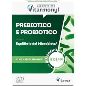Vitarmonyl Prebiotico e Probiotico - 5 Ceppi di Fermenti Lattici Probiotici con Estratto di Cicoria - Pancia Piatta - Per il Benessere Intestinale - 20 Capsule - Vitarmonyl