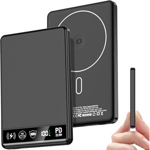 RWSRW Mini Power Bank 5000mAh, Wireless Powerbank Magnetico Con Display LED, PD 22.5W USB-C Batteria Wireless Battery Pack per iPhone serie 17/16/15/14/13/12/ Pro Max (Nero)