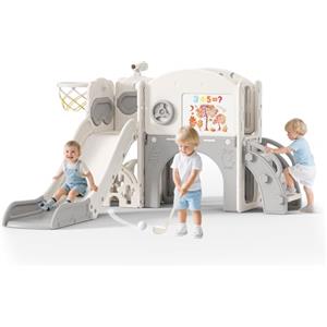 Krovtoy Scivolo per bambini, scivolo per bambini piccoli indipendente con canestro da basket, attrezzatura per parco giochi con scivolo, scivoli all'aperto (Beige Grigio-8 in 1)