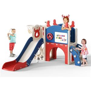 Krovtoy Scivolo per bambini a tema alce di Natale, indipendente con set da golf, Attrezzatura per parco giochi con scivolo per bambini, per uso interno (Blu e rosso- 6 in 1)