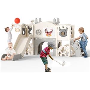 Krovtoy Scivolo per bambini 7 in 1, a tema alce natalizio con set da golf, scivolo per bambini da 1 a 3 anni (Alce- Beige grigio 7 in 1)